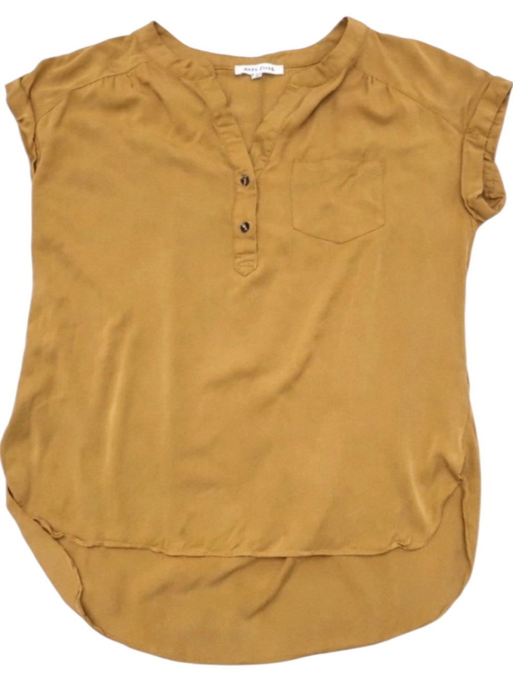 Rose & Olive Mustard Henley Top Size Large Short Sleeve Chest Pocket Curved Hem